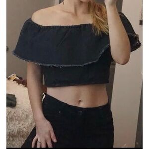 American Eagle Black Denim Smocked Ruffled Off the Shoulder Crop Top Women Sz XL